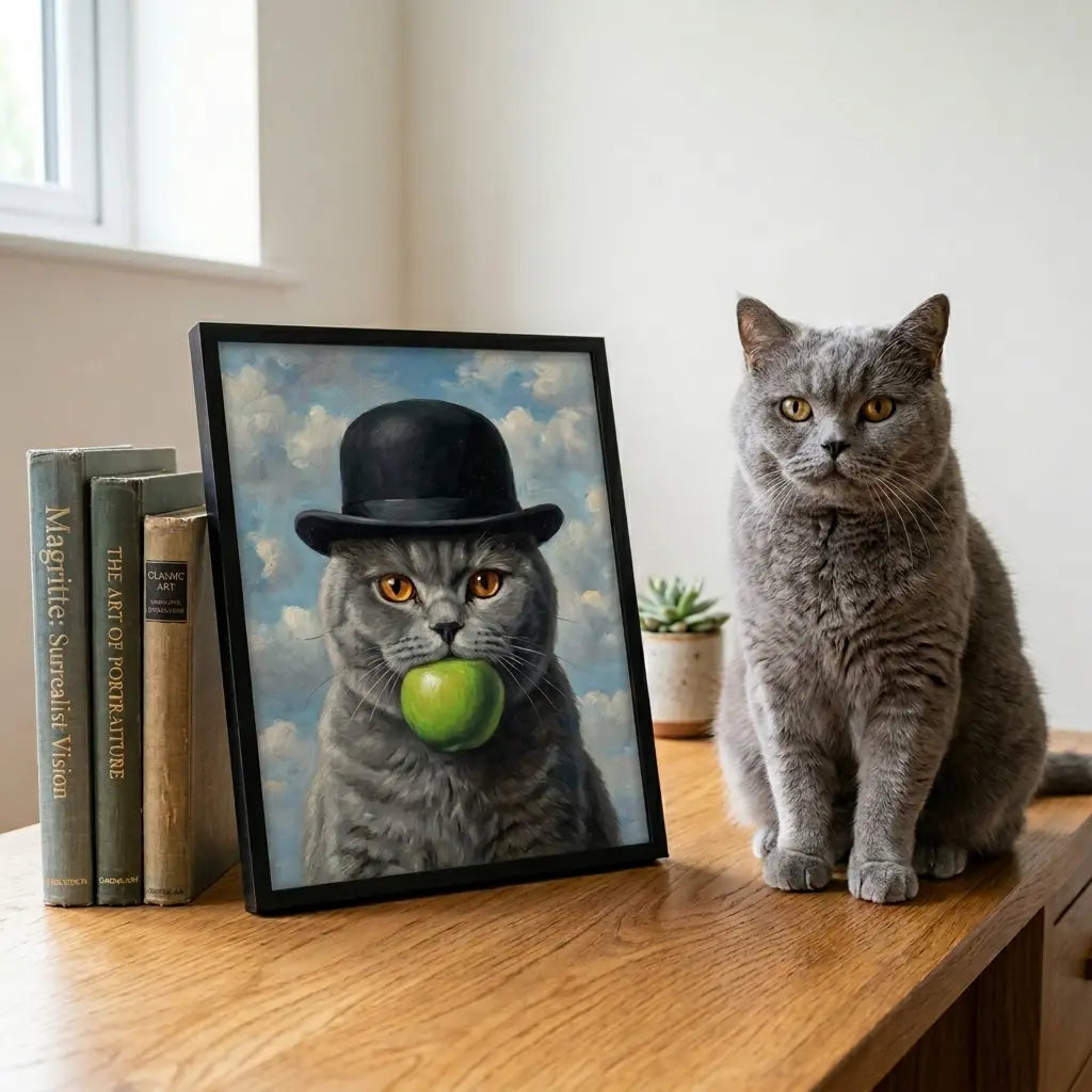 custom pet portrait son of man surreal green apple cat canvas art