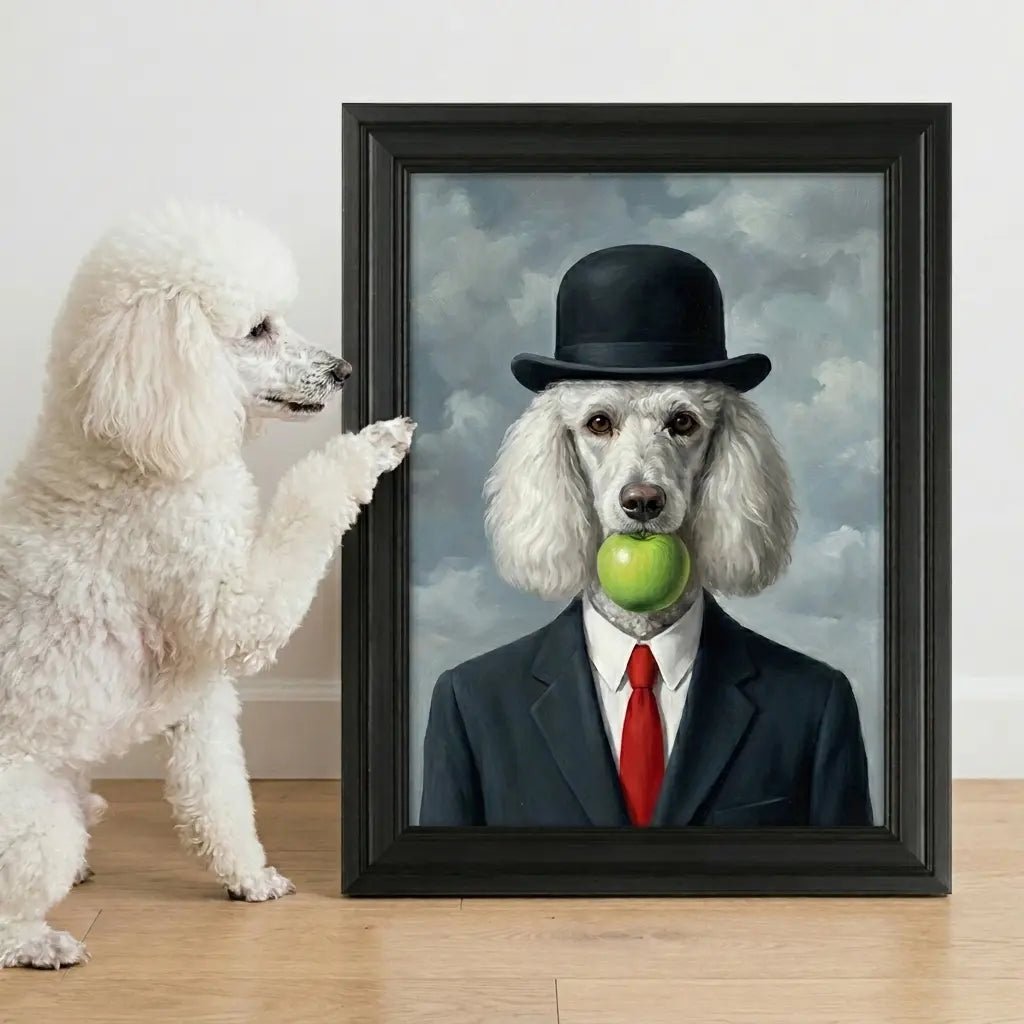 custom pet portrait son of man surreal green apple pet canvas art alt1