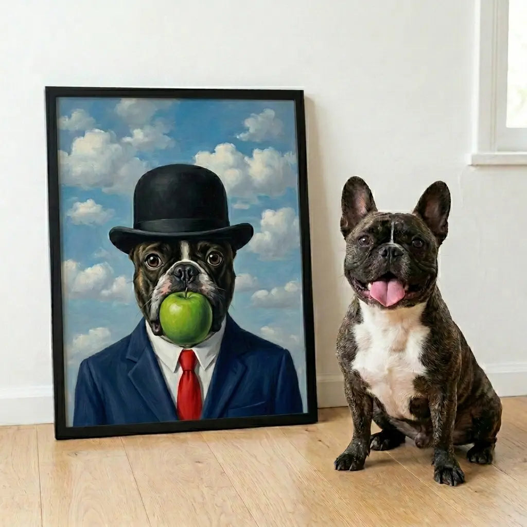 custom pet portrait son of man surreal green apple pet canvas art alt2