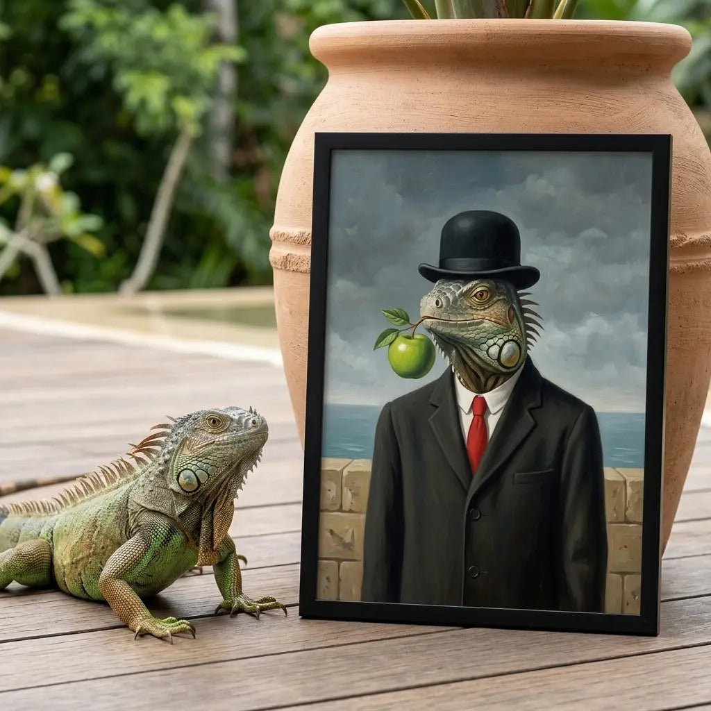 custom pet portrait son of man surreal green apple pet canvas art