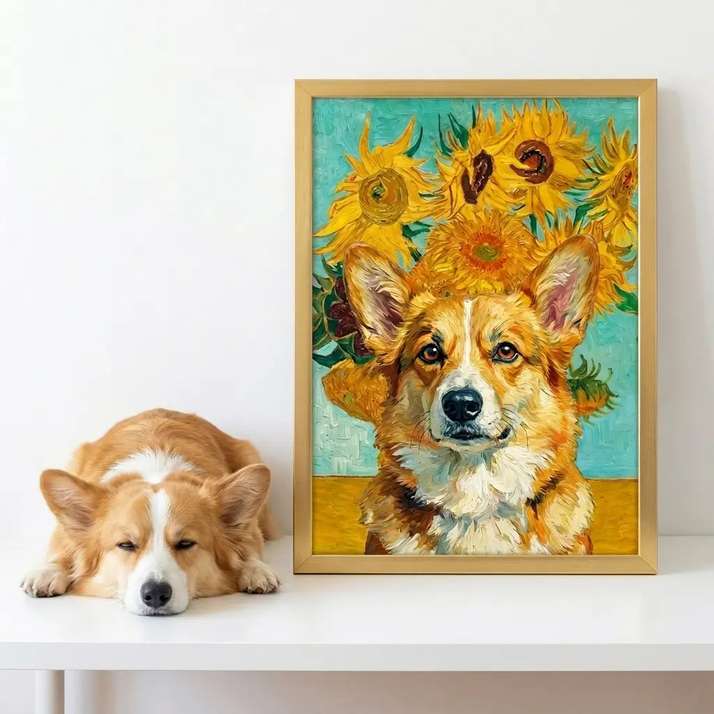 custom pet portrait van gogh sunflower impressionist sunflower corgi canvas art alt202607052004
