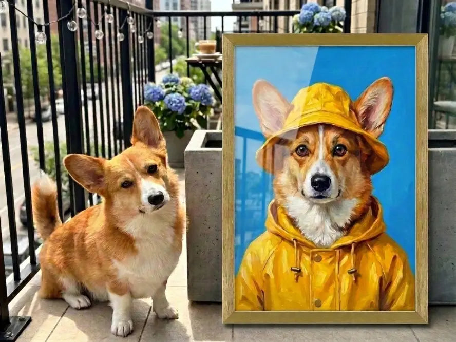 custom pet portrait yellow raincoat rainy day illustration corgi canvas art