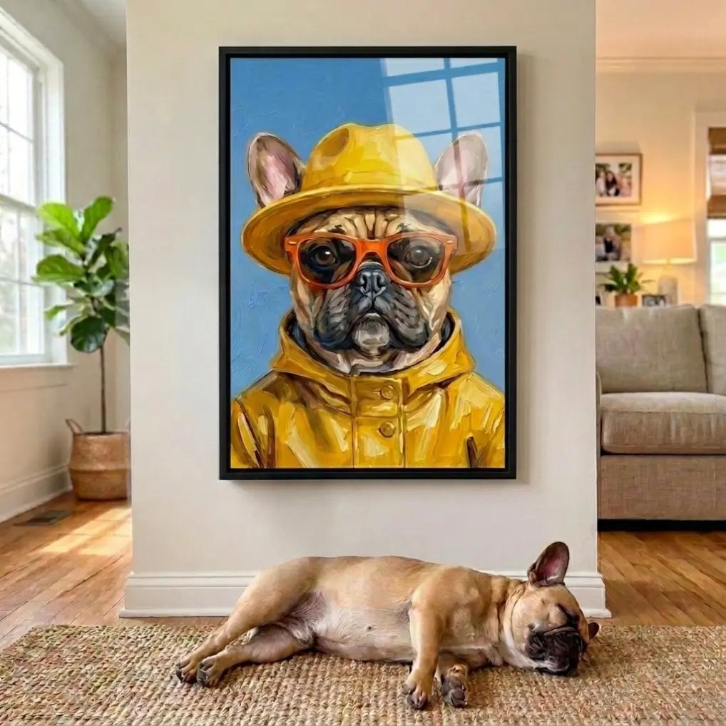 custom pet portrait yellow raincoat rainy day illustration french bulldog canvas art 2